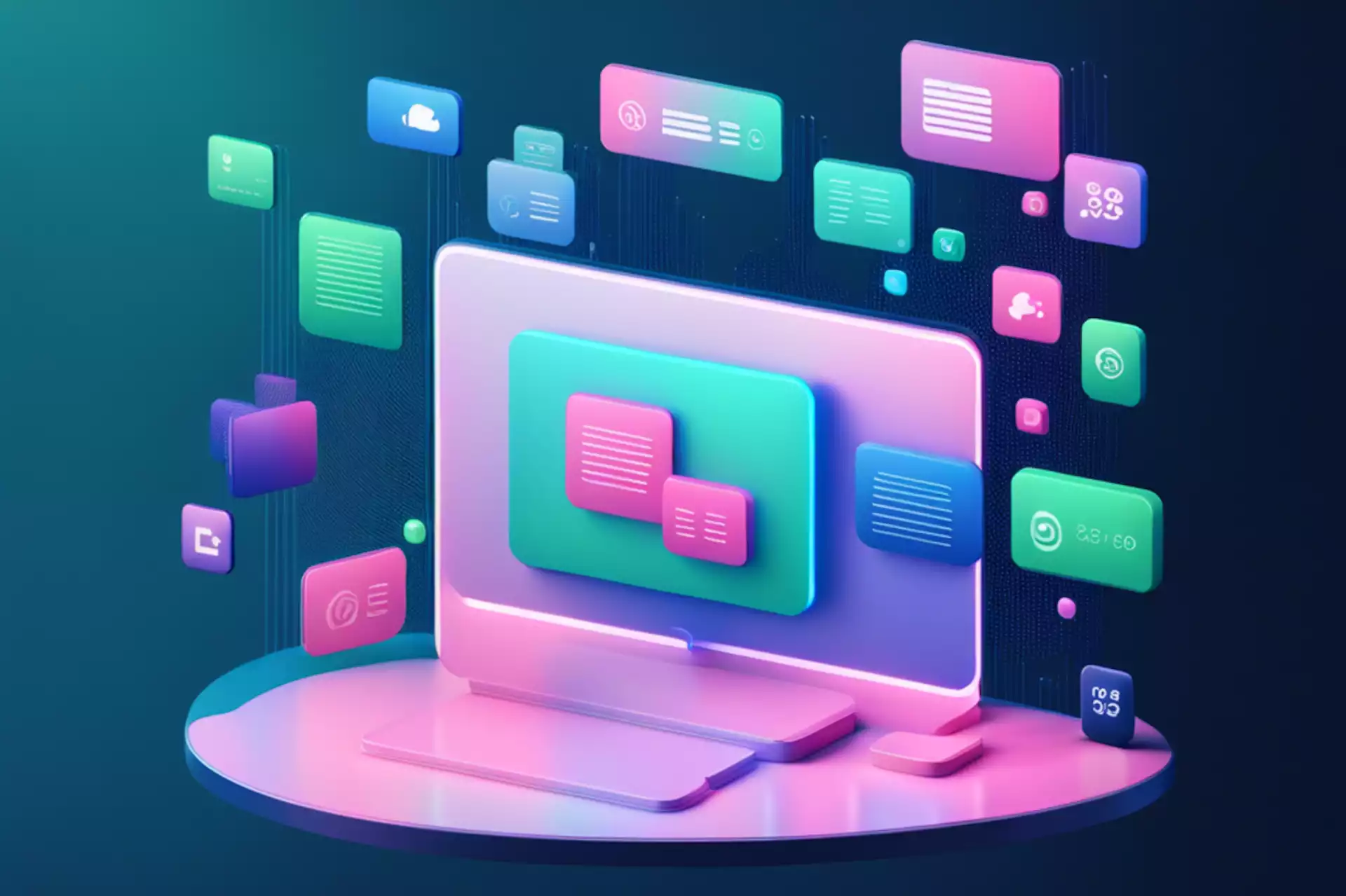 écran d'ordinateur en style neomorphisme rose, bleu et vert
