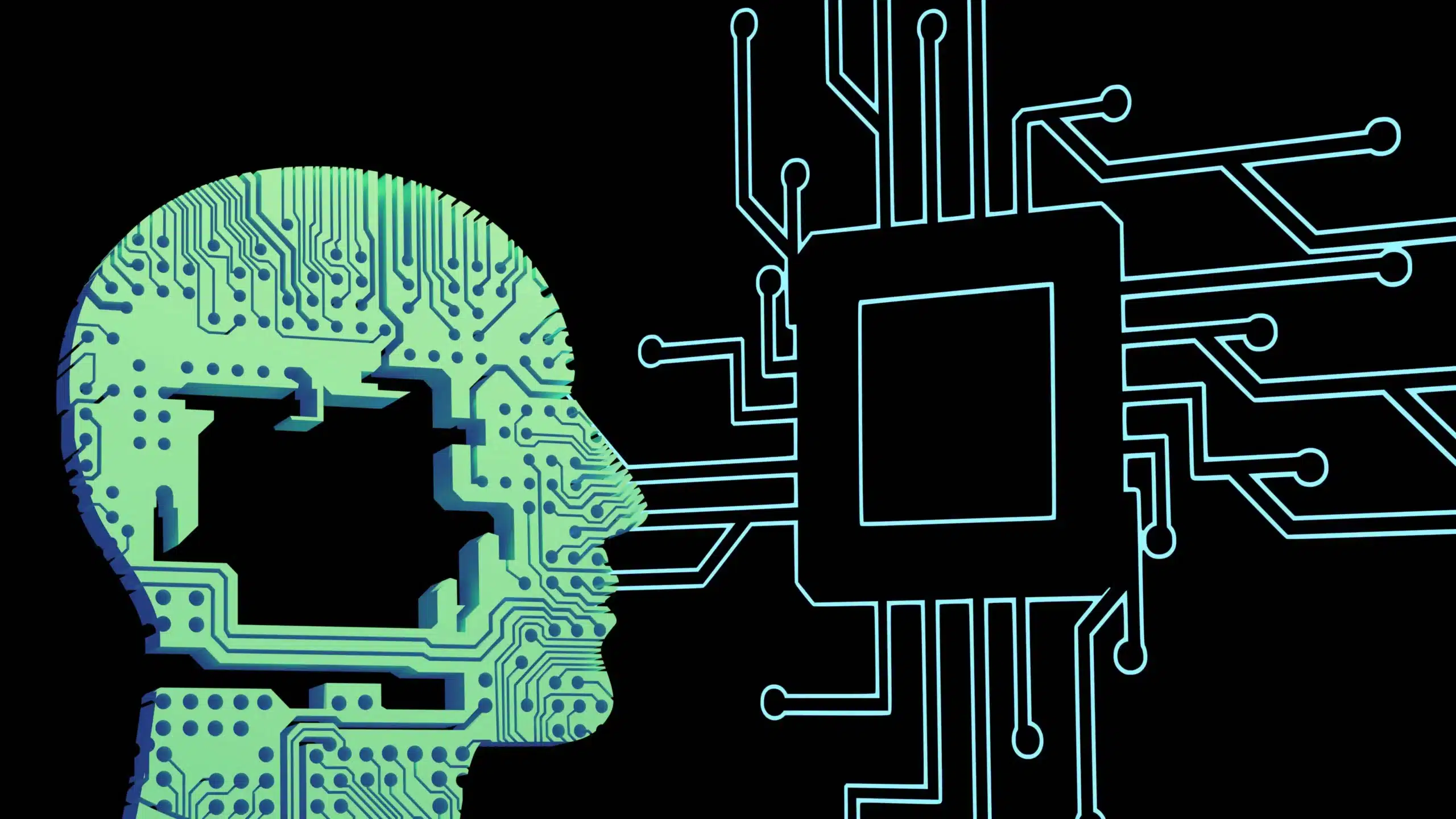 Schéma représentant un homme et un réseau semi conducteur, signe de l'IA utilisée par les Chatbots